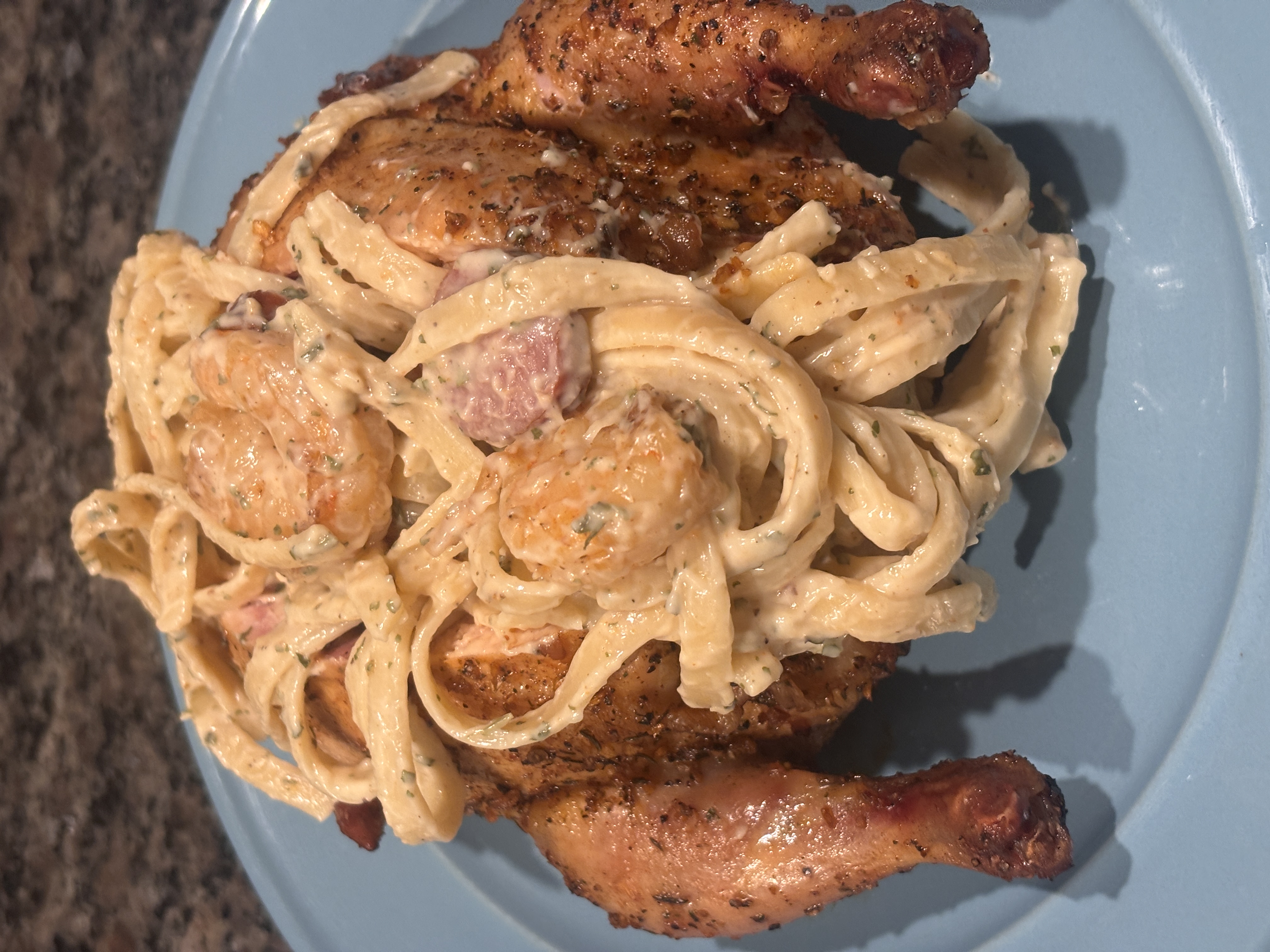 Chicken Alfredo pasta plated with drumsticks