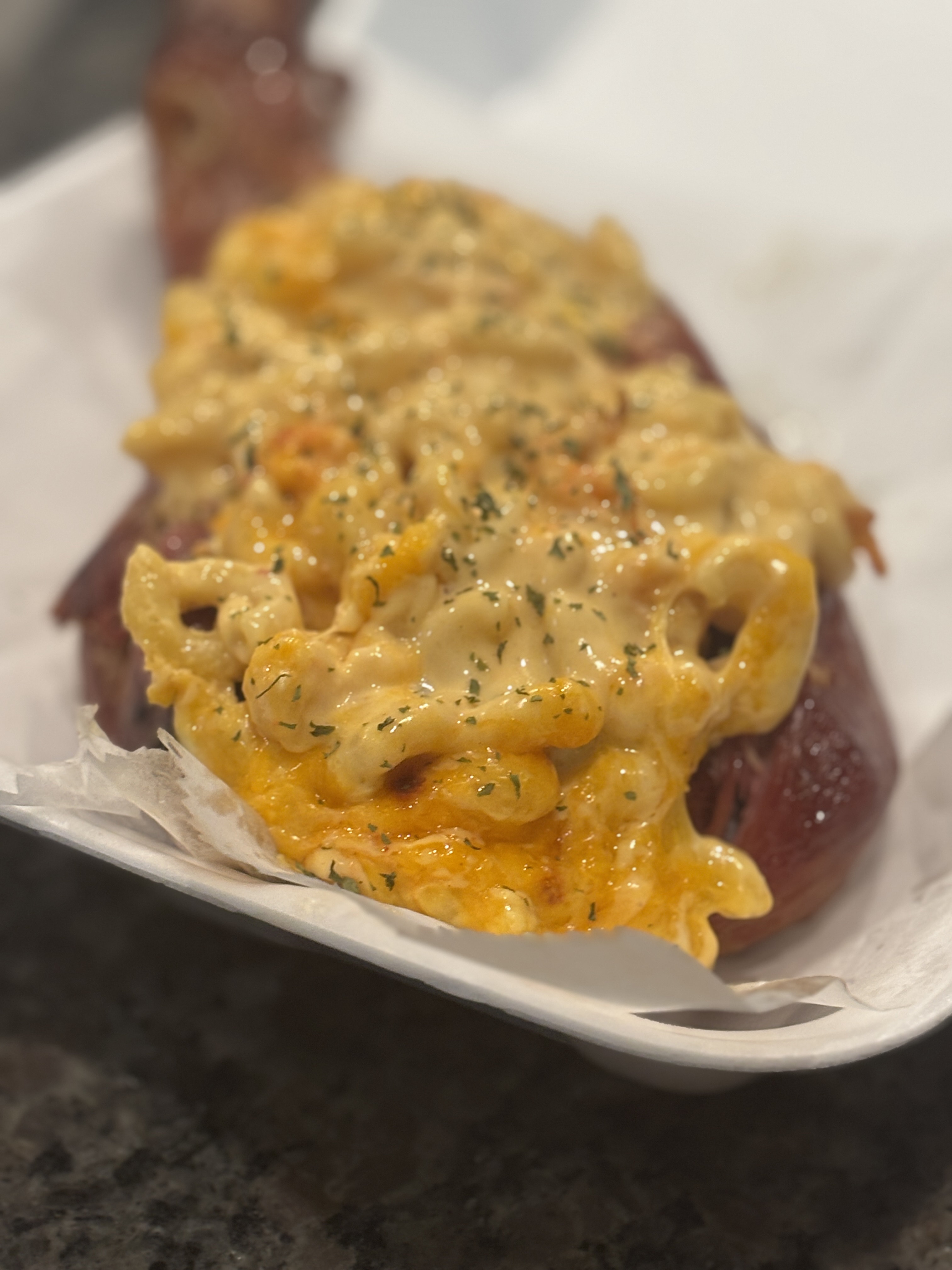 Lobster mac and cheese in a to-go container