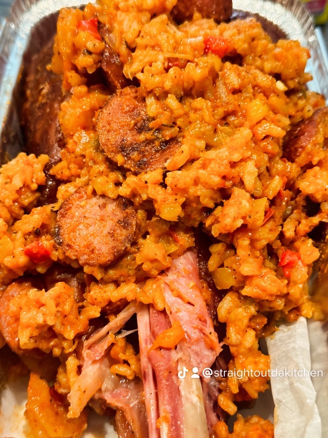 Shrimp and sausage jambalaya in a serving pan
